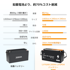 LVYUAN 12.8V/200Ah 2.56kWhリン酸鉄リチウムイオンバッテリー