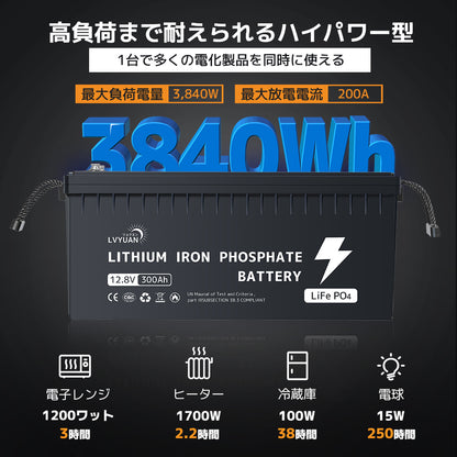 LVYUAN 12.8V/300Ah 3.84kWhリン酸鉄リチウムイオンバッテリー