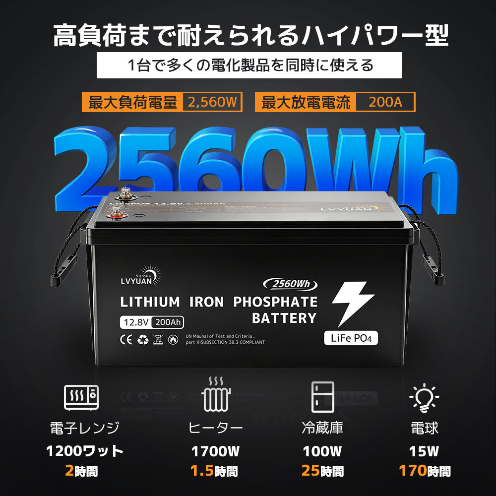 LVYUAN 12.8V/200Ah 2.56kWhリン酸鉄リチウムイオンバッテリー