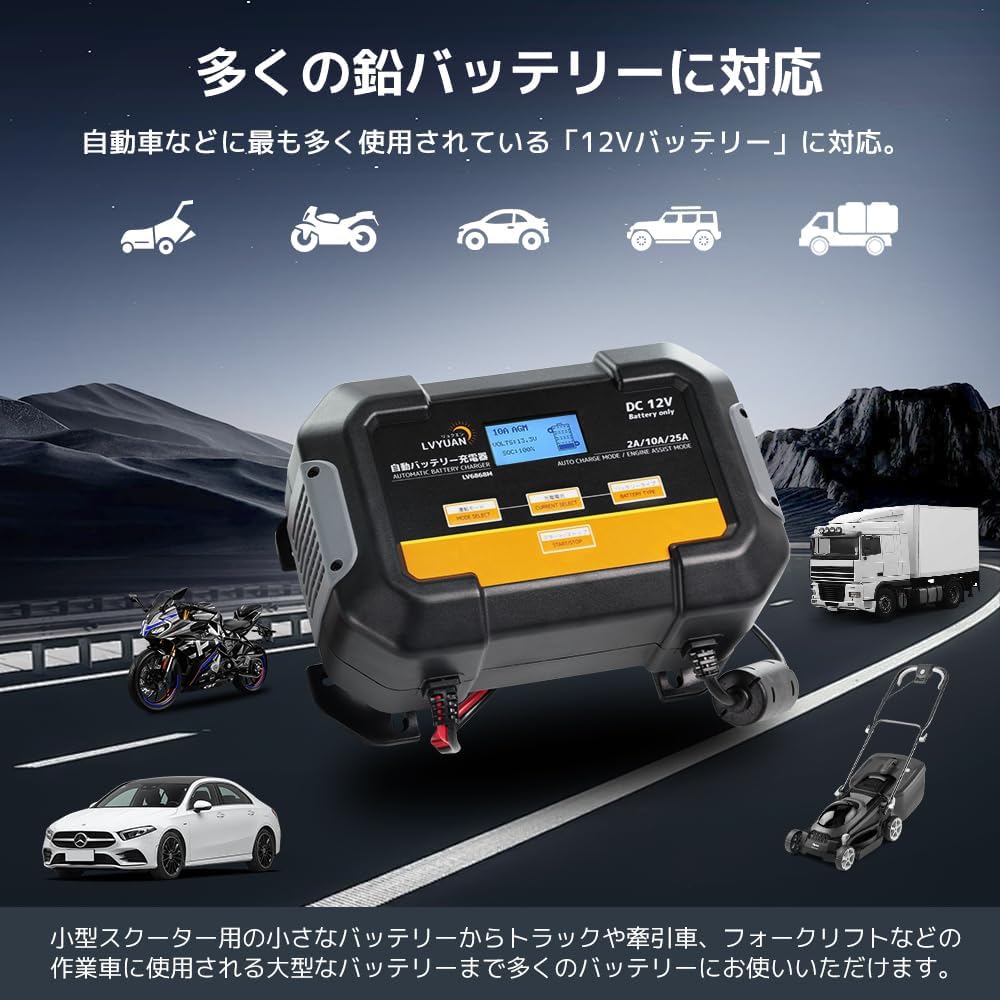 LVYUAN パルスバッテリー充電器 25A 12V鉛バッテリー専用