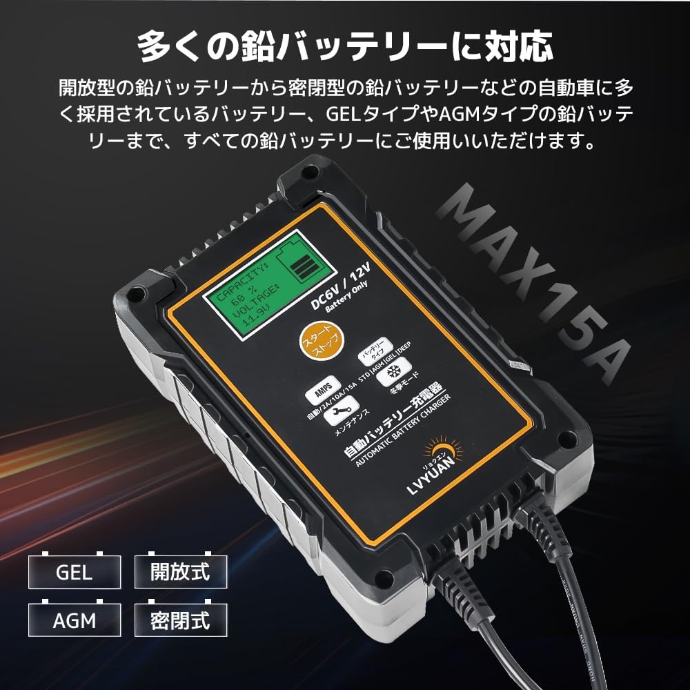 LVYUAN 定格15A パルスバッテリー充電器 6V・12V鉛バッテリー対応