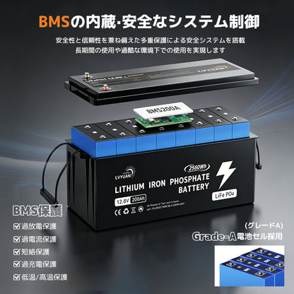 LVYUAN 12.8V/200Ah 2.56kWhリン酸鉄リチウムイオンバッテリー