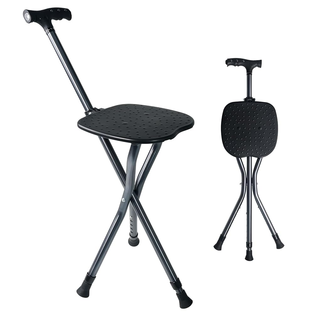 LVYUAN 折りたたみ椅子付き杖｜軽量アルミ製 2WAY設計｜高齢者・屋外レジャー・散歩・行列待ちに最適