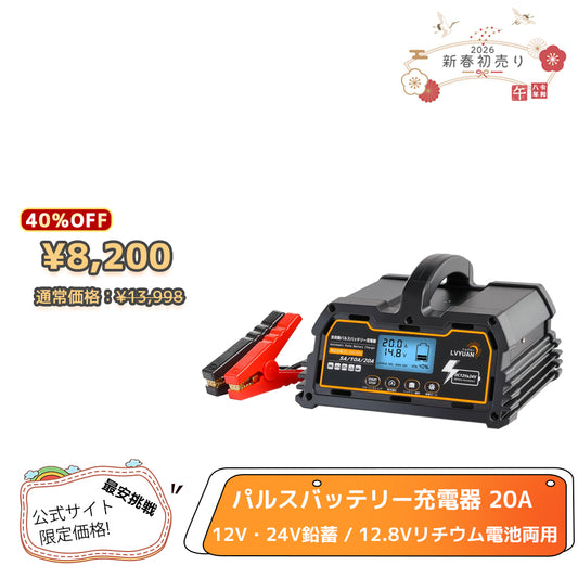 LVYUAN 定格20A パルスバッテリー充電器 12V・24V鉛蓄 / 12.8Vリチウム電池両用