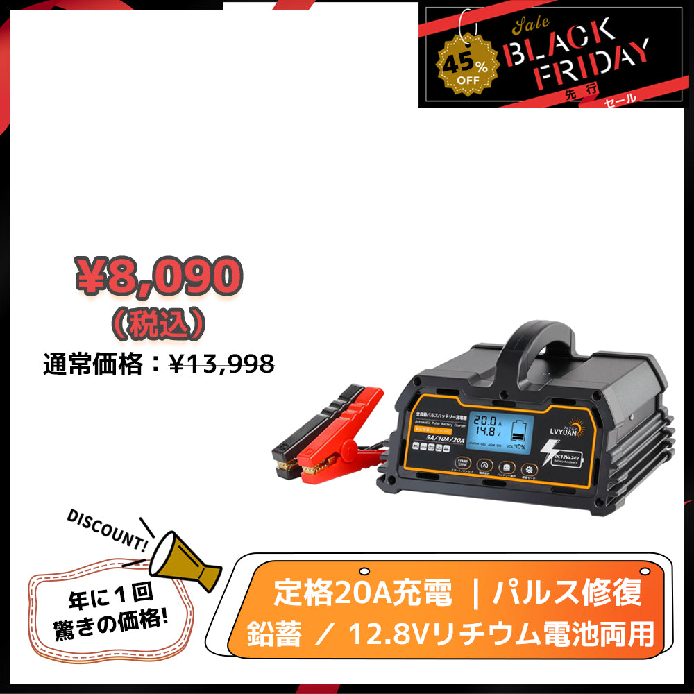 LVYUAN 定格20A パルスバッテリー充電器 12V・24V鉛蓄 / 12.8Vリチウム電池両用