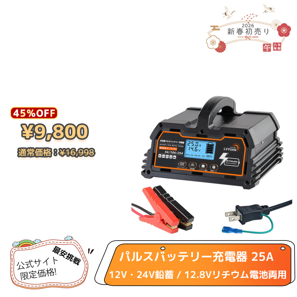 LVYUAN 定格25A パルスバッテリー充電器 12V・24V鉛蓄 / 12.8Vリチウム電池両用