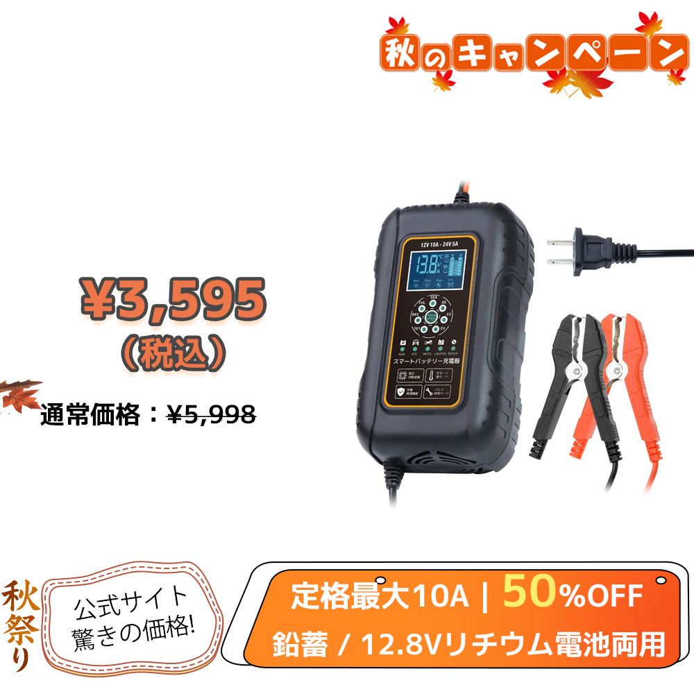 LVYUAN パルスバッテリー充電器 10A  12V・24V鉛蓄 / 12.8Vリチウム電池両用