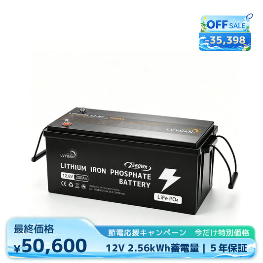 LVYUAN 12.8V/200Ah 2.56kWhリン酸鉄リチウムイオンバッテリー