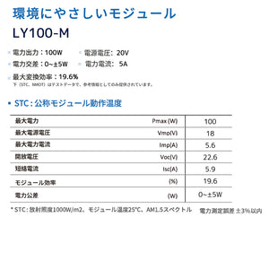 LVYUAN（リョクエン）100W 単結晶ソーラーパネル【ICE基準・TUV規格品】
