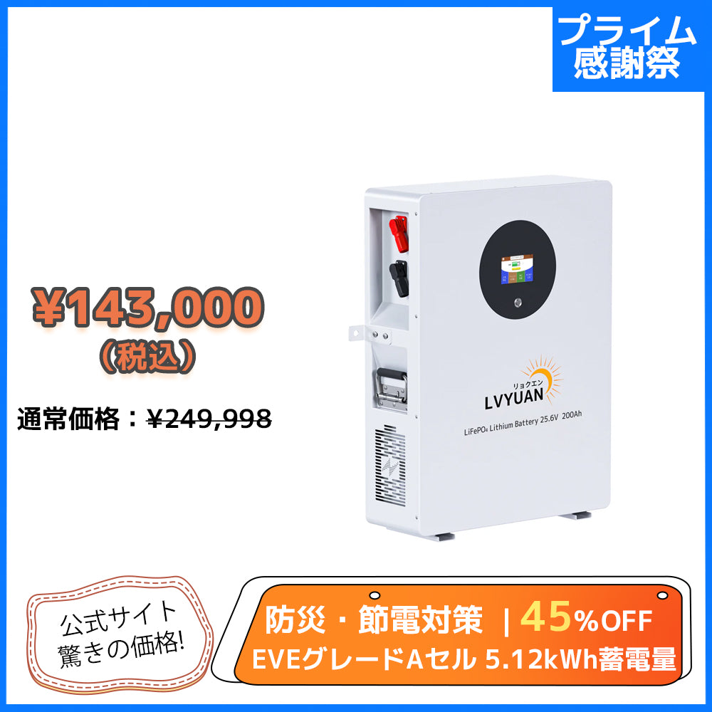 LVYUAN 25.6V/200Ah 5.12kWhリン酸鉄リチウムイオンバッテリー