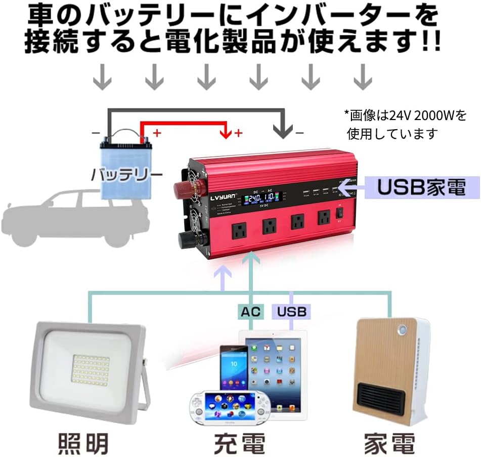 LVYUAN 疑似正弦波インバーター 2000W DC24V（直流）AC100V（交流） - LVYUAN（リョクエン）公式ショップ