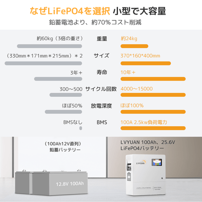 LVYUAN 25.6V/100Ah 2.56kWhリン酸鉄リチウムイオンバッテリー - LVYUAN（リョクエン）公式ショップ