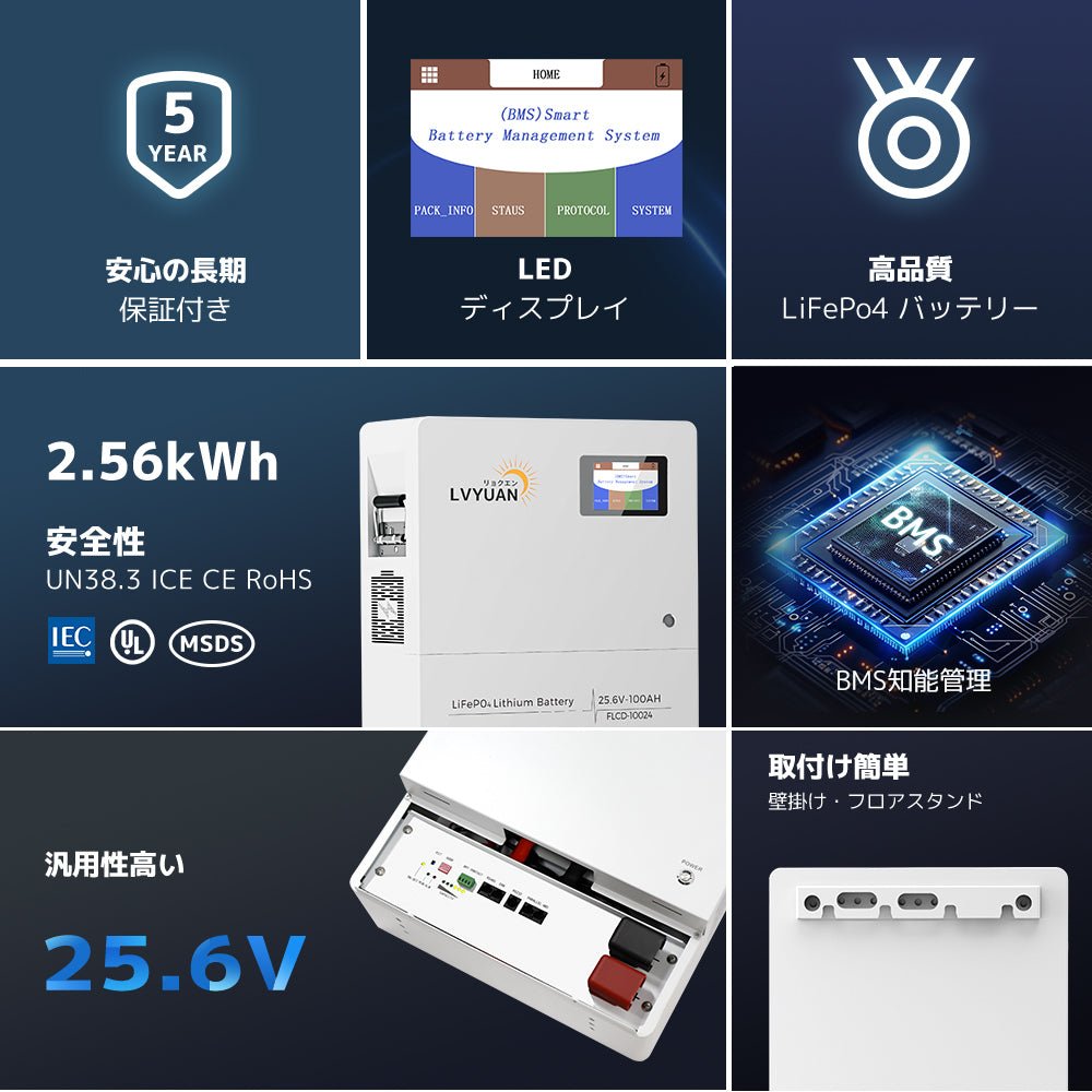 LVYUAN 25.6V/100Ah 2.56kWhリン酸鉄リチウムイオンバッテリー - LVYUAN（リョクエン）公式ショップ