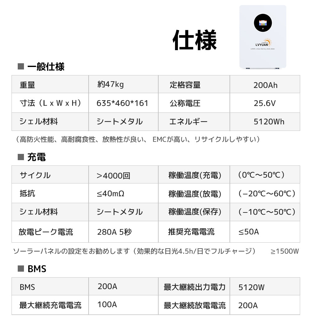 LVYUAN 25.6V/200Ah 5.12kWhリン酸鉄リチウムイオンバッテリー - LVYUAN（リョクエン）公式ショップ