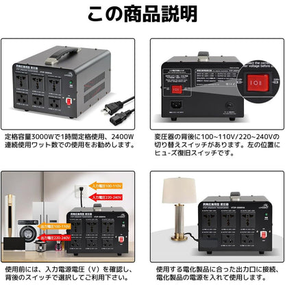 LVYUAN 3000W変圧器 降圧・昇圧兼用型トランス AC100V/110V⇄220V/240V 自由切換 VTJP - 3000VA - LVYUAN（リョクエン）公式ショップ