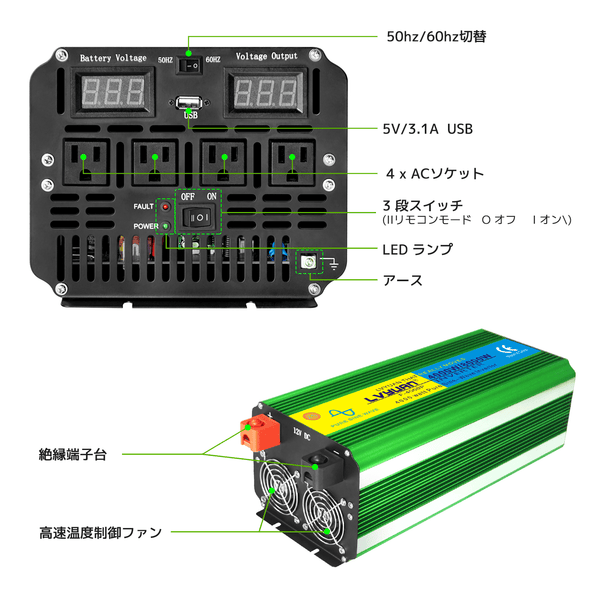 LVYUAN 正弦波インバータ 4000W 12V 50HZ/60HZ切替（グリーン