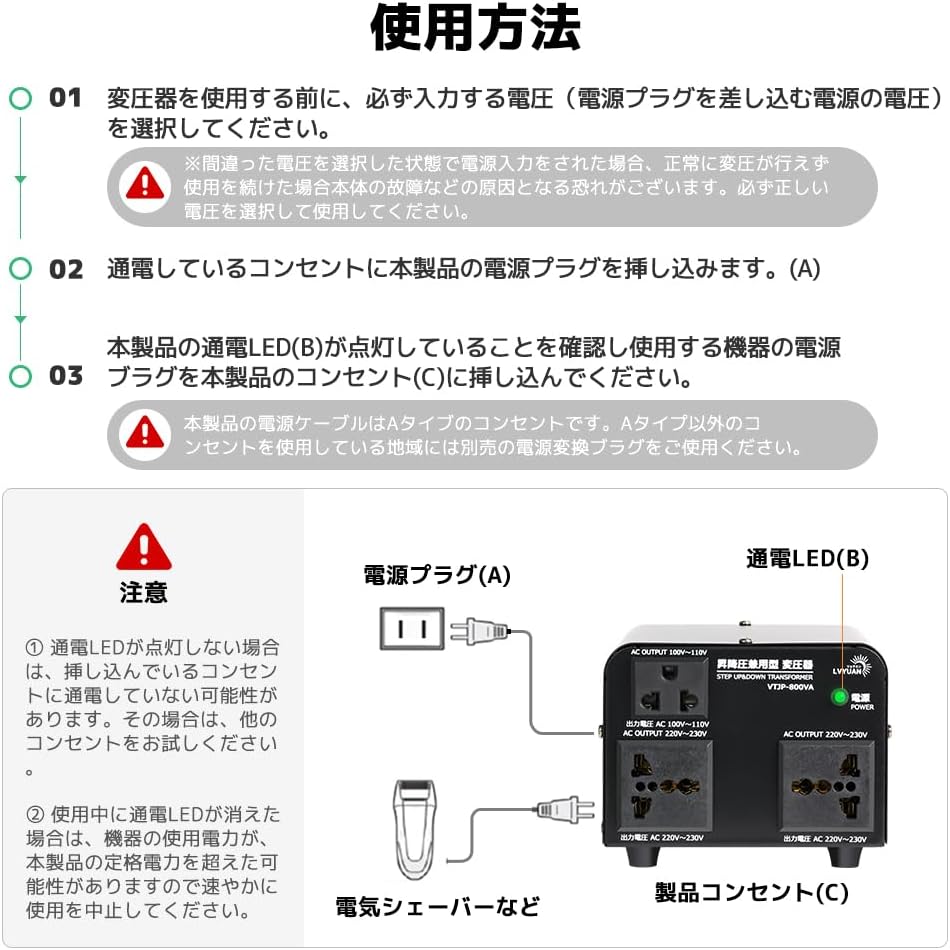 LVYUAN 800W変圧器 降圧・昇圧兼用型トランス AC100V/110V⇄220V/240V 自由切換 VTJP - 800VA - LVYUAN（リョクエン）公式ショップ