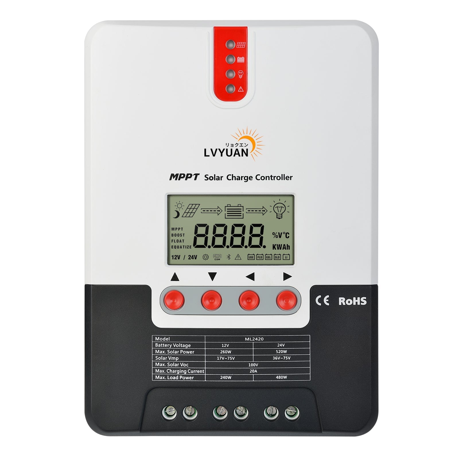 LVYUAN（リョクエン）MPPT チャージコントローラー20A 12V/24V自動切替 最大入力520Wソーラー充放電 ML2420 - LVYUAN（リョクエン）公式ショップ