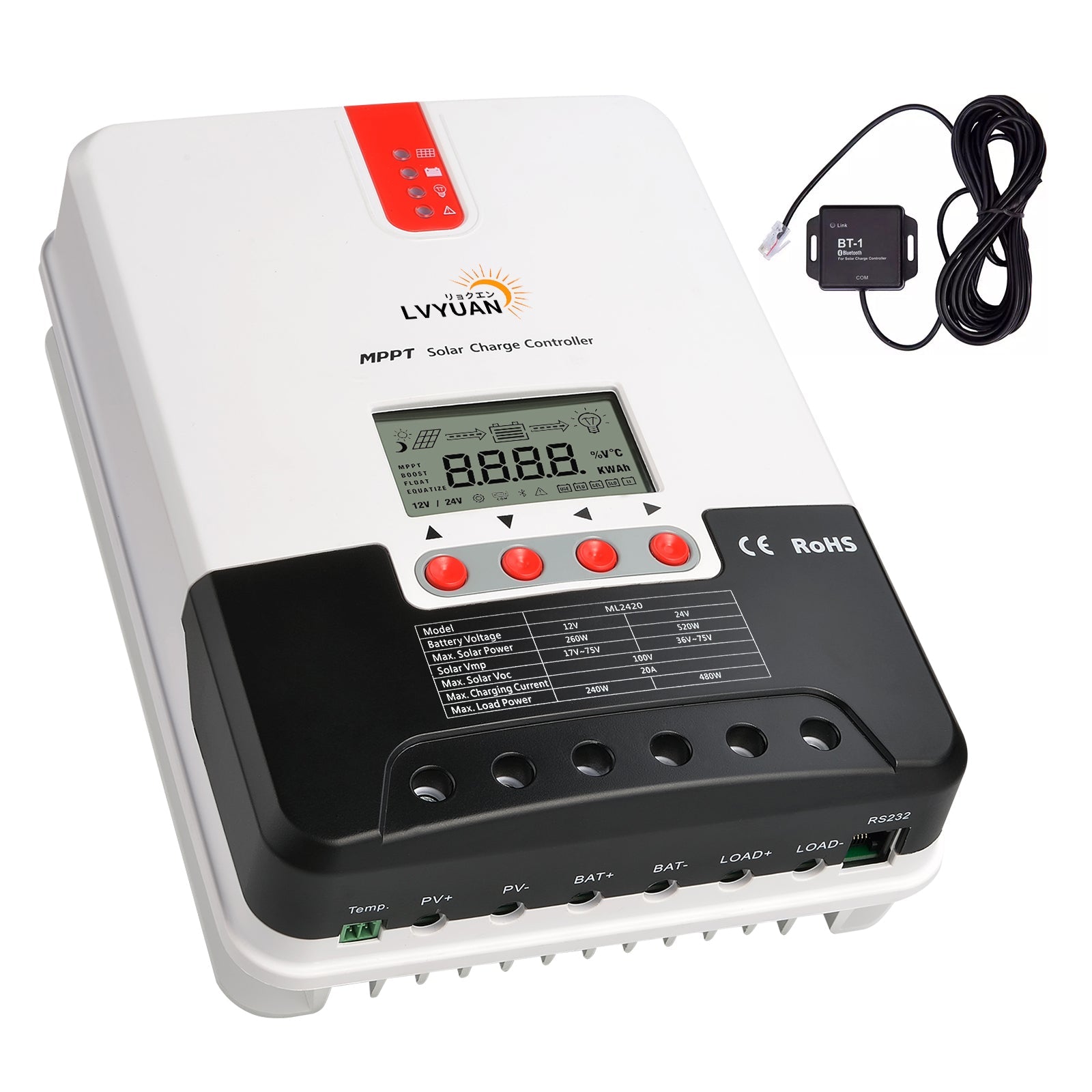 LVYUAN（リョクエン）MPPT チャージコントローラー20A 12V/24V自動切替 最大入力520Wソーラー充放電 ML2420 - LVYUAN（リョクエン）公式ショップ