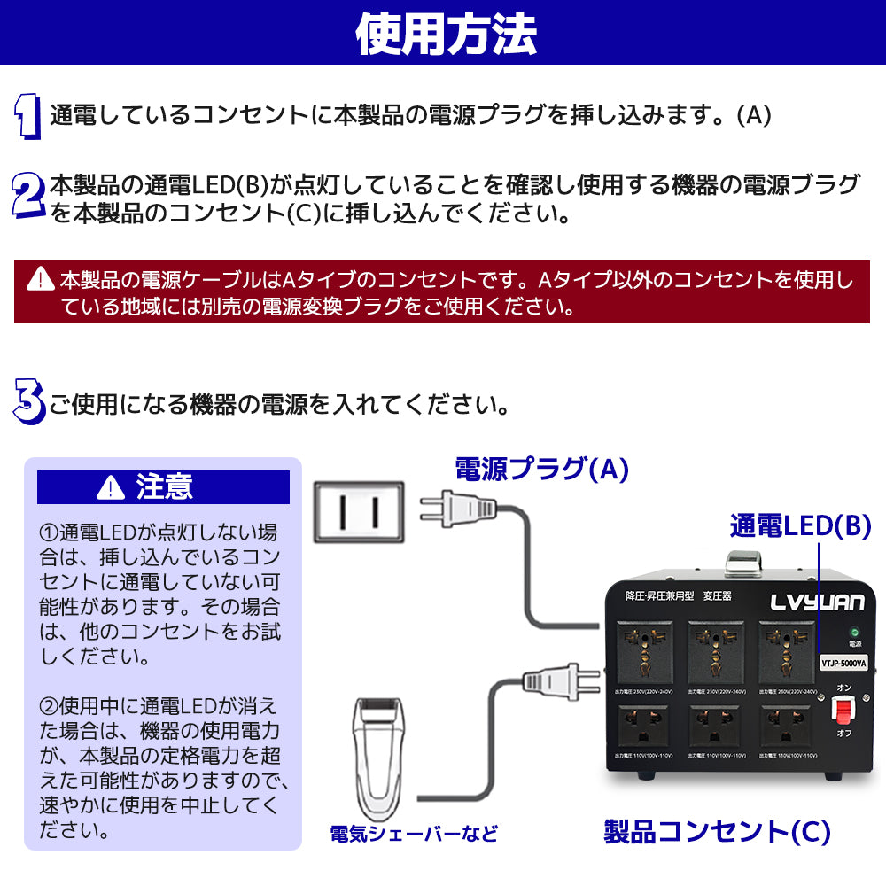 LVYUAN 海外国内両用型変圧器 5000W 降圧・昇圧 AC100V ~ 110V⇄220V 