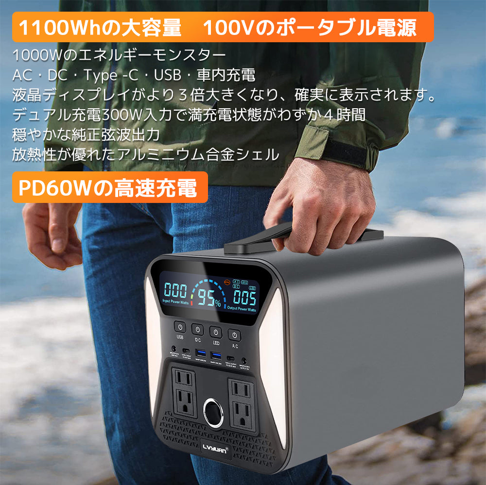 LVYUAN ポータブル電源 1000W ポータブルバッテリー 大容量 1101WH ...