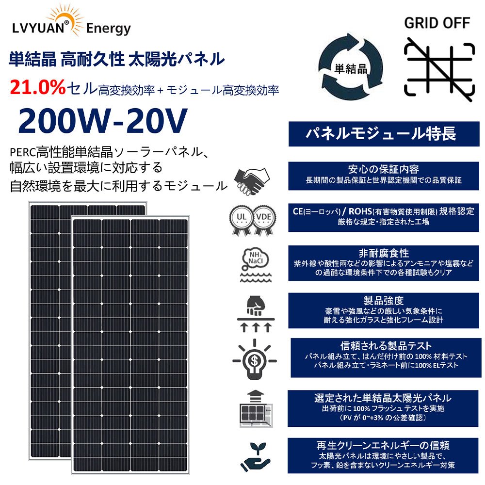 LVYUAN 400W太陽光発電セット ソーラーパネル2枚（200W