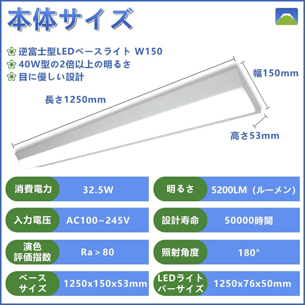 LVYUAN（リョクエン）LED ベースライト 40w 器具一体型 直付型 40W形2灯相当（fl40 flr40 fhf32）幅150 LED蛍光灯 天井直付け 逆富士形 消費電力32.5W 5200LM 長さ1250mm キッチンベースライト 店舗照明 事務所 病院 階段 PSE認証【工場直営*三年保証】 - LVYUAN（リョクエン）公式ショップ