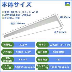 LVYUAN（リョクエン）LED ベースライト 40w 器具一体型 直付型 40W形2灯相当（fl40 flr40 fhf32）幅150 LED蛍光灯 天井直付け 逆富士形 消費電力32.5W 5200LM 長さ1250mm キッチンベースライト 店舗照明 事務所 病院 階段 PSE認証【工場直営*三年保証】 - LVYUAN（リョクエン）公式ショップ